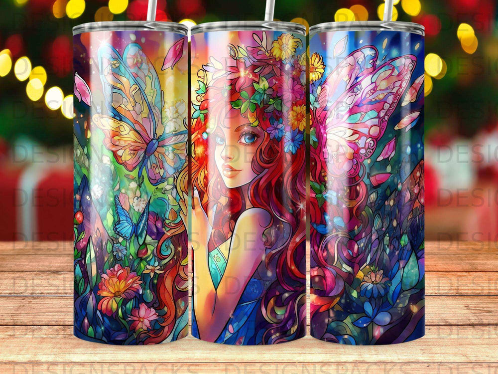 Fairy with colorful wings surrounded by flowers and butterflies.