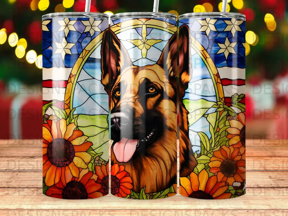 German Shepherd portrait with sunflowers and stained-glass background.