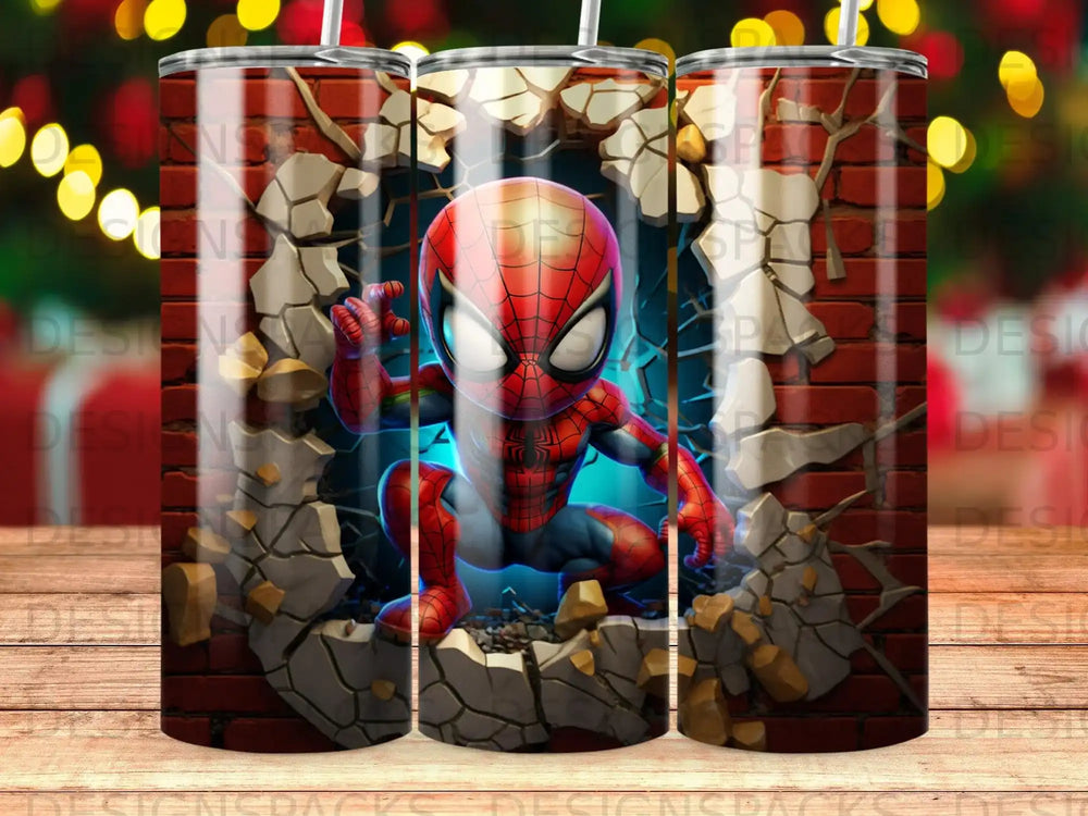 Spider-Man bursts through a brick wall in this colorful tumbler design.