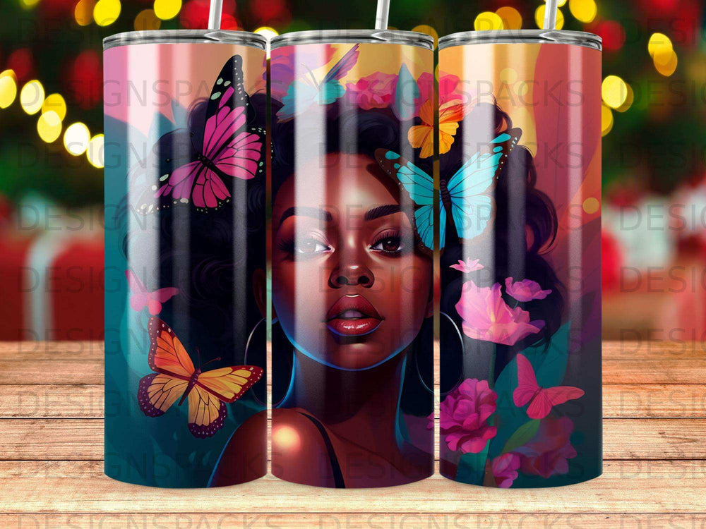 Woman with colorful butterflies and flowers on a tumbler.