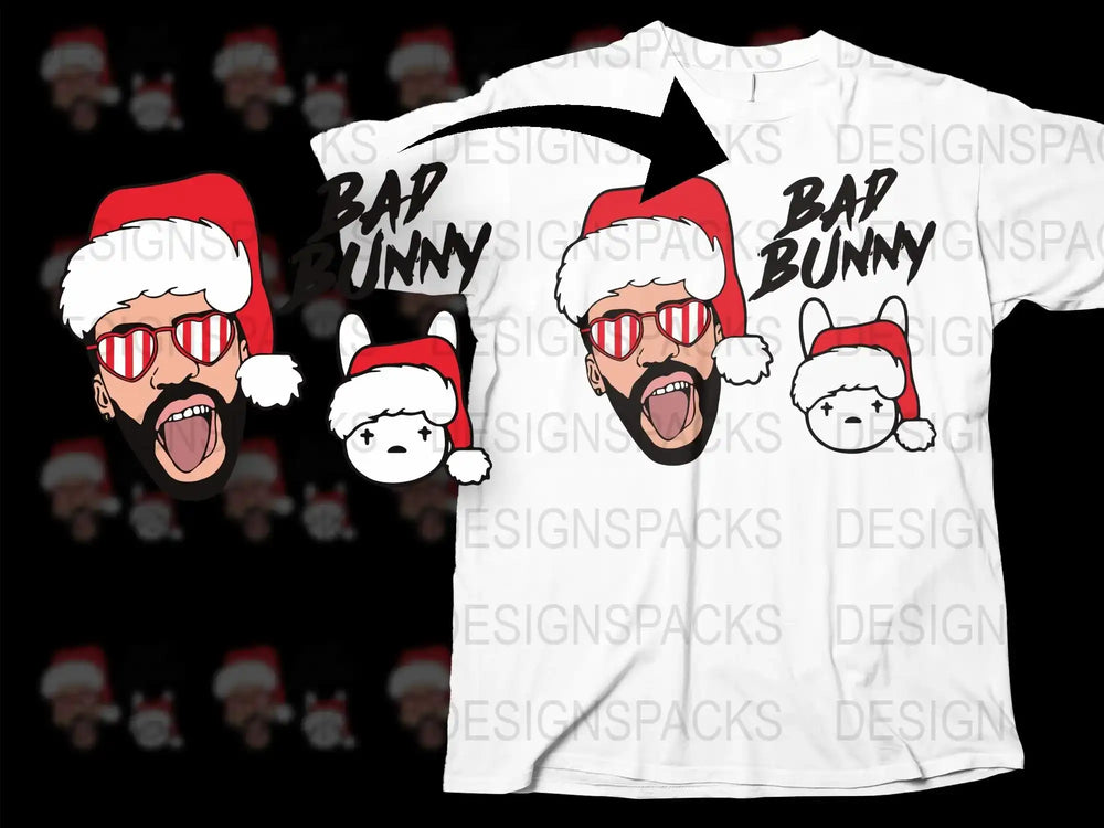 Bad Bunny Inspired Christmas T-Shirt, Santa Hat Graphic Tee, Holiday Hip Hop Apparel, Festive Winter Clothing