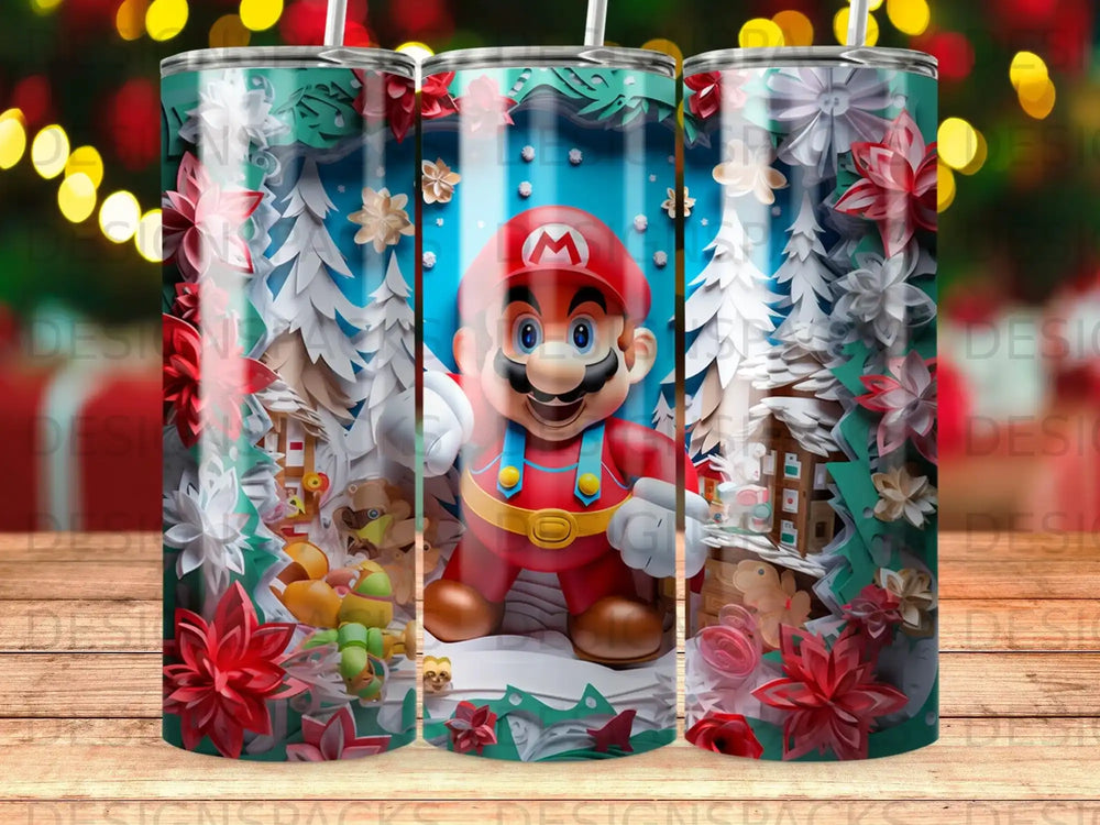 Mario character in a festive winter scene with poinsettias and snow-covered trees.
