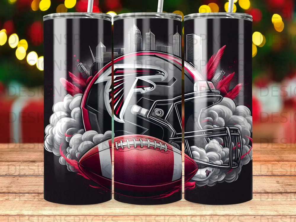 Atlanta Falcons helmet and football with city skyline and smoke.