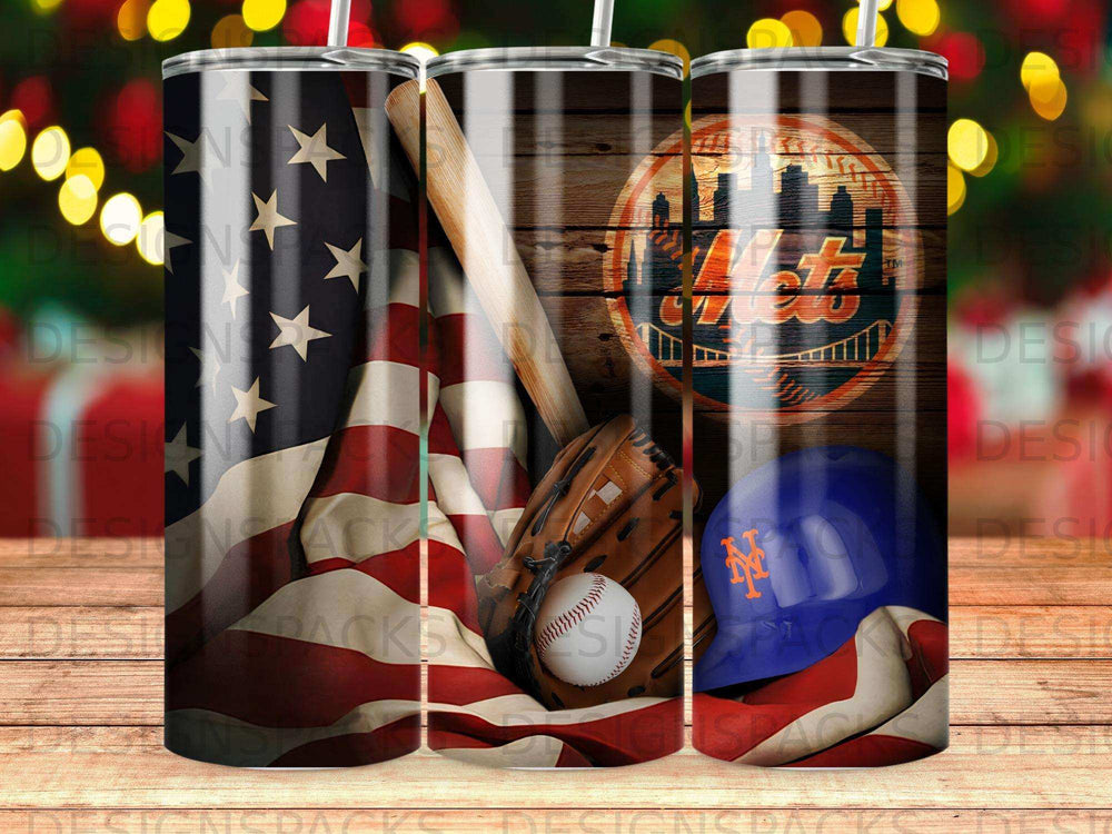 New York Mets baseball helmet, glove, and flag on wooden background.