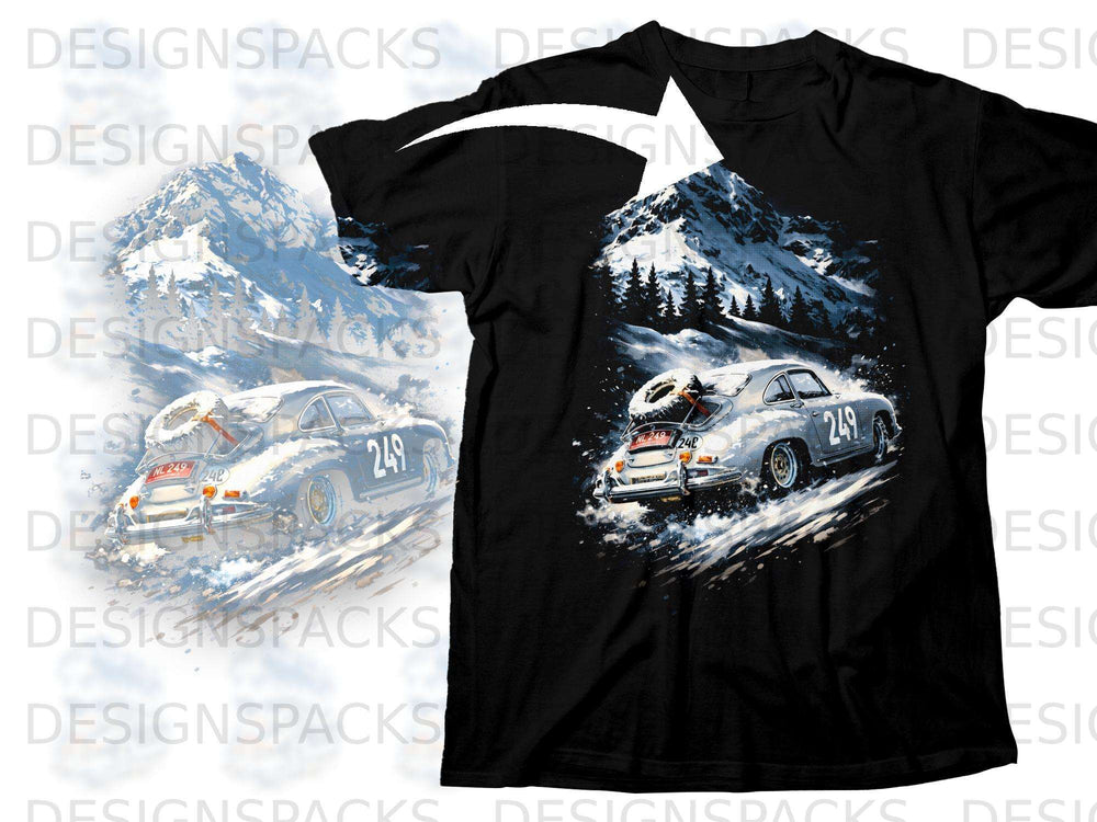 Black t-shirt with graphic of silver Porsche racing in snow-covered mountains.