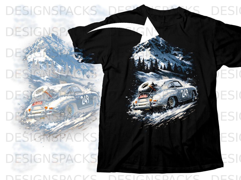 Black t-shirt with graphic of silver Porsche racing in snow-covered mountains.