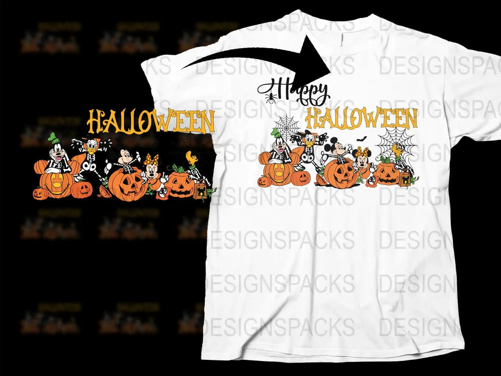Halloween Themed T-Shirt with Cute Pumpkin and Ghost Cartoon Design, Kids and Adults Sizes Available