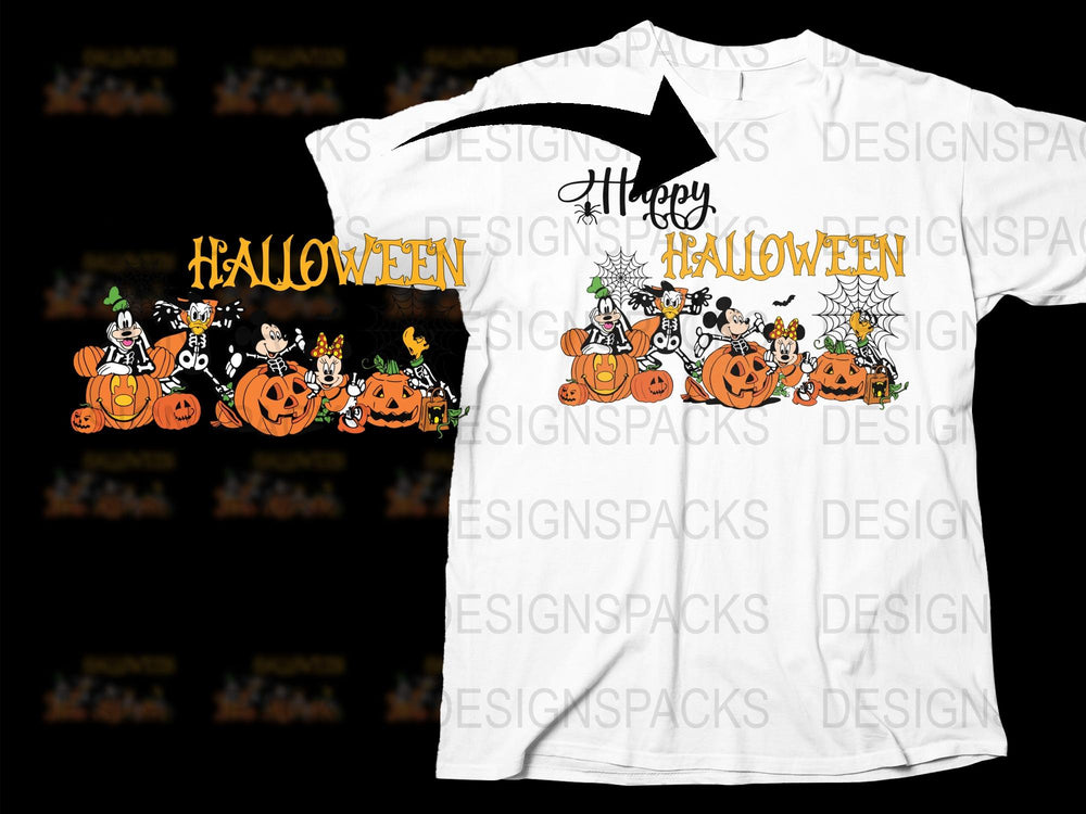 Halloween Themed T-Shirt with Cute Pumpkin and Ghost Cartoon Design, Kids and Adults Sizes Available