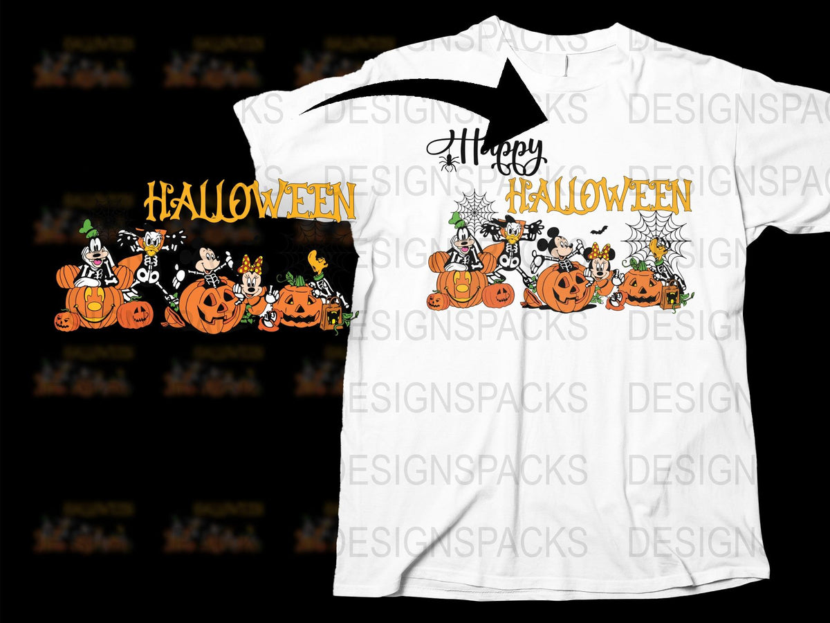 Halloween Themed T-Shirt with Cute Pumpkin and Ghost Cartoon Design, Kids and Adults Sizes Available