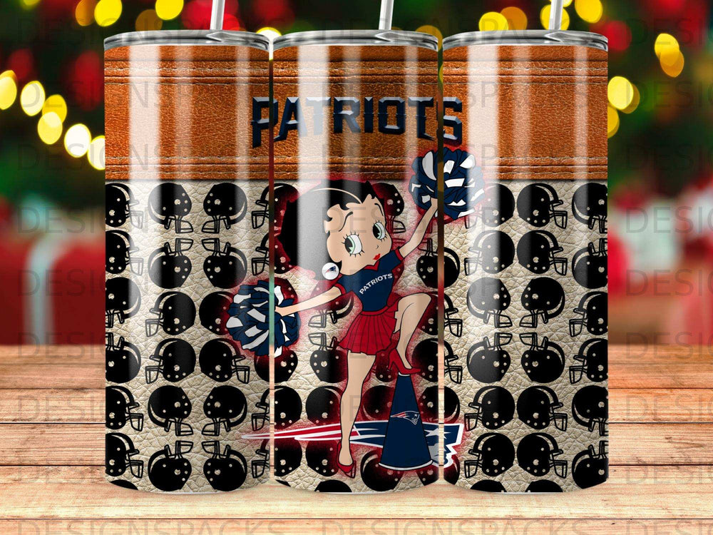 Betty Boop wearing Patriots gear holding pom-poms.
