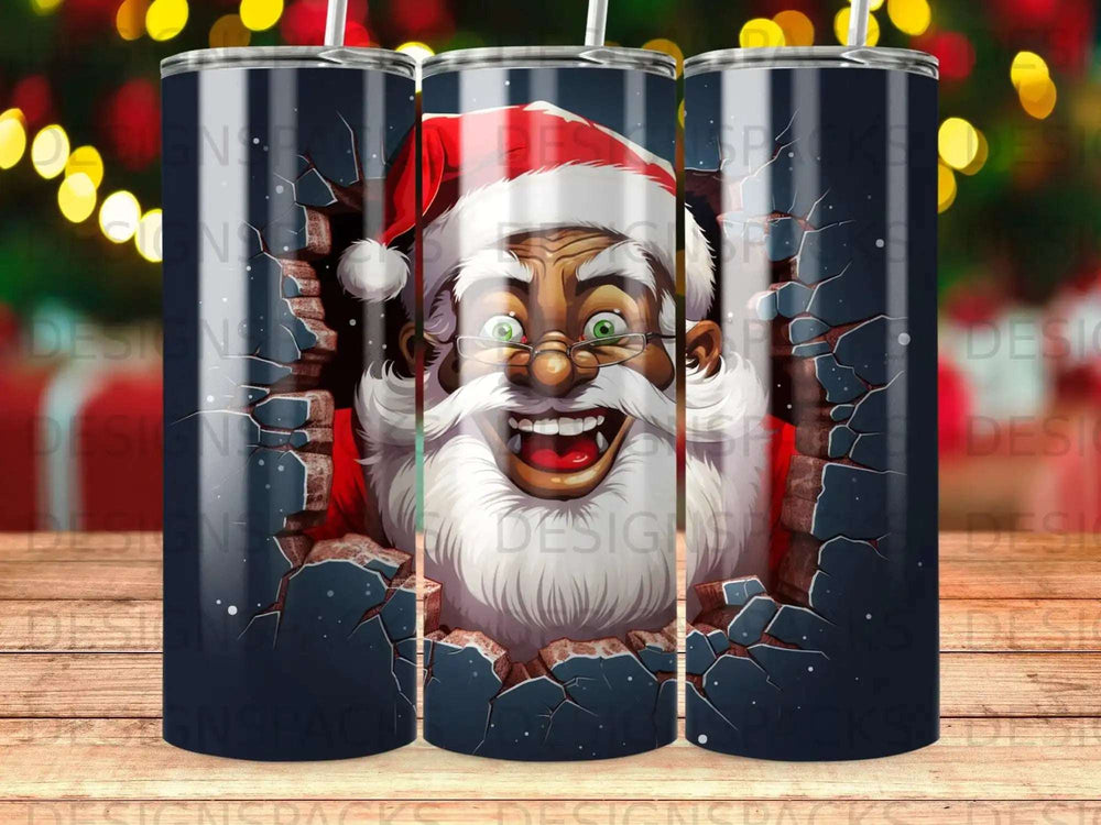 Santa Claus peeking through a brick wall with a cheerful expression.