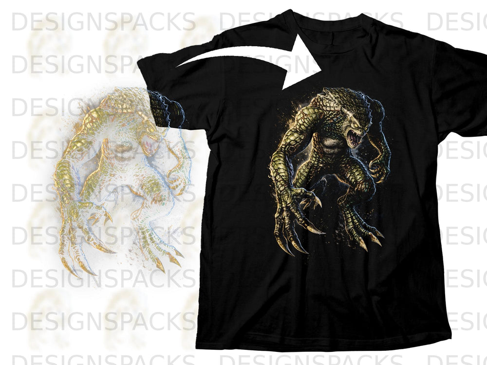 Black t-shirt featuring a detailed illustration of a fierce reptilian monster.