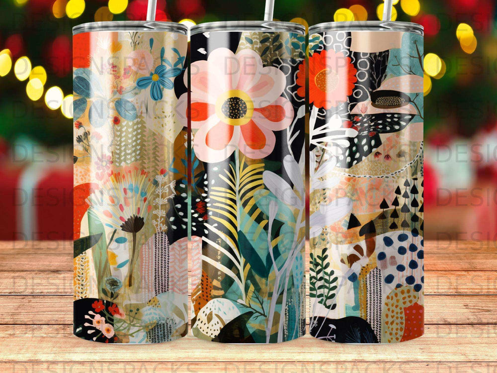 Tumbler with colorful floral and abstract pattern.