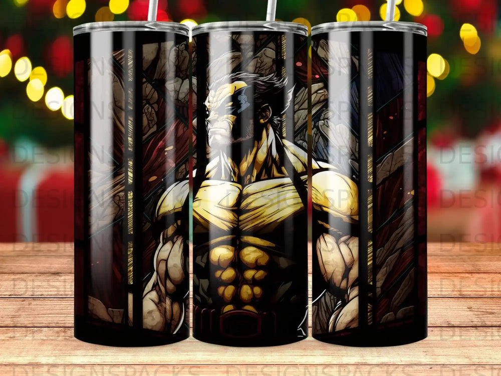 Wolverine flexing in front of stained glass windows.