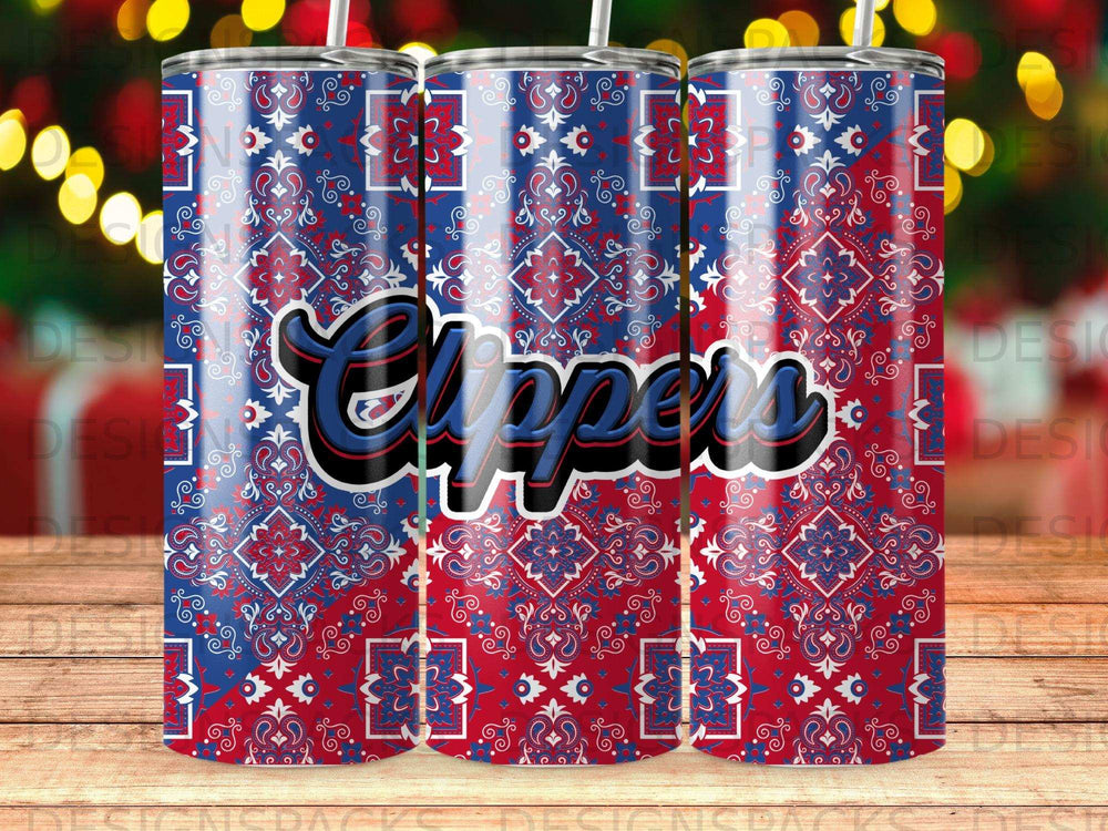 Red, white, and blue bandana pattern tumbler with "Clippers" text.
