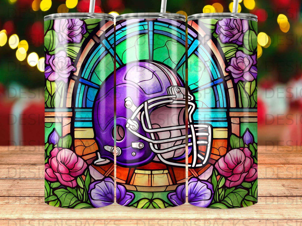 Purple football helmet with stained glass window and floral accents.