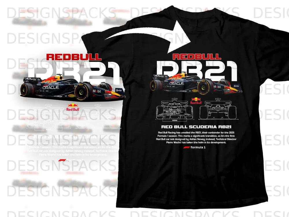 Red Bull RB21 Formula 1 car depicted on a t-shirt with team branding.