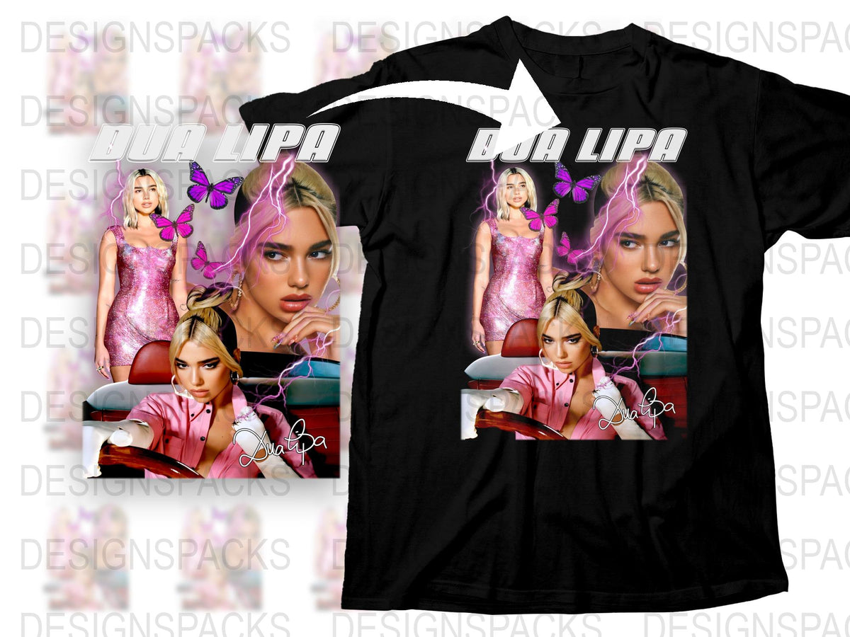 Dua Lipa Graphic T-Shirt, Pop Music Fan Merch, Trendy Celebrity Tee, Vibrant Butterfly Design
