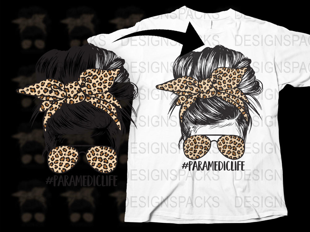 Women's Leopard Bow Paramedic Life T-Shirt, Graphic Tee, Black and White, Casual Stylish Top