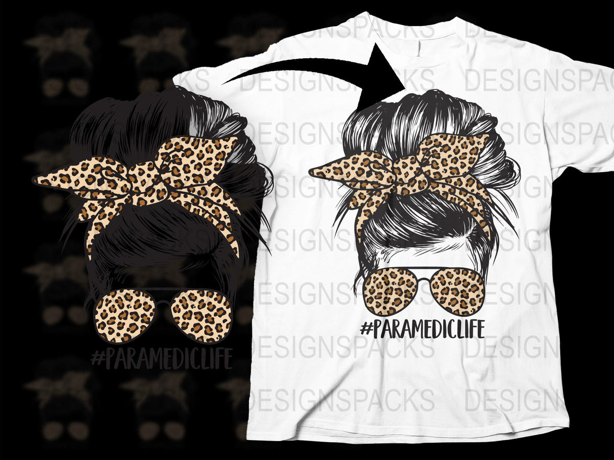 Women's Leopard Bow Paramedic Life T-Shirt, Graphic Tee, Black and White, Casual Stylish Top