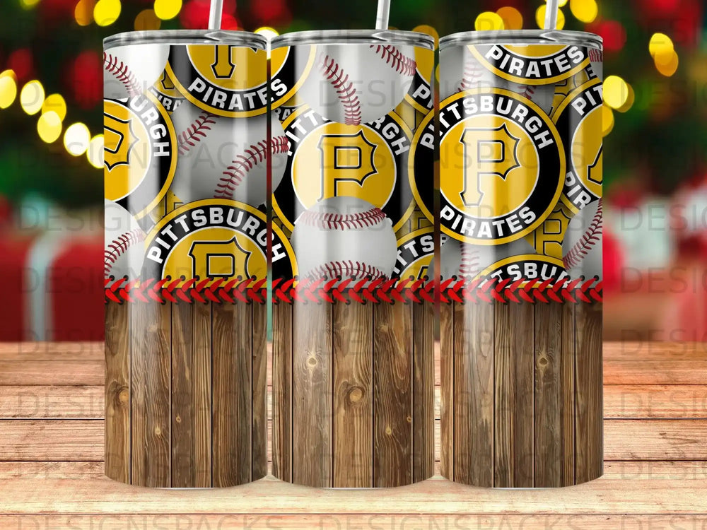 Pittsburgh Pirates baseball tumbler with wood grain pattern.