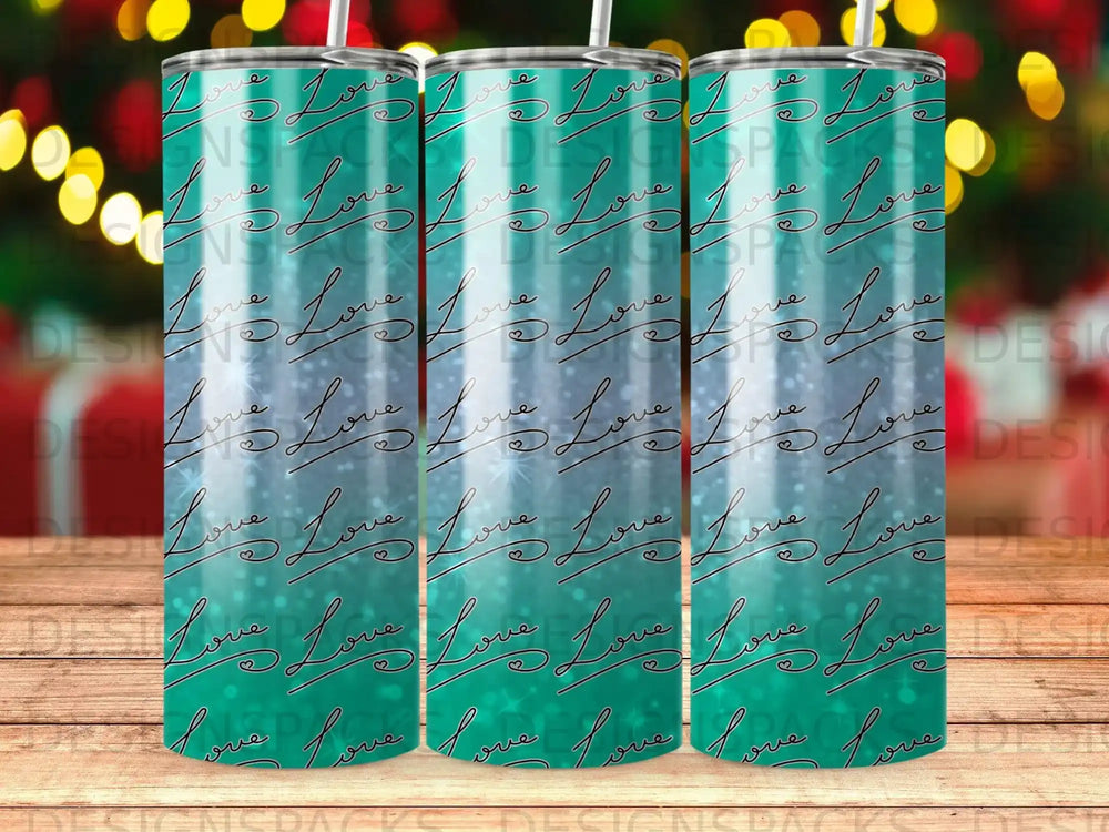Tumbling hearts pattern on a metallic green tumbler.