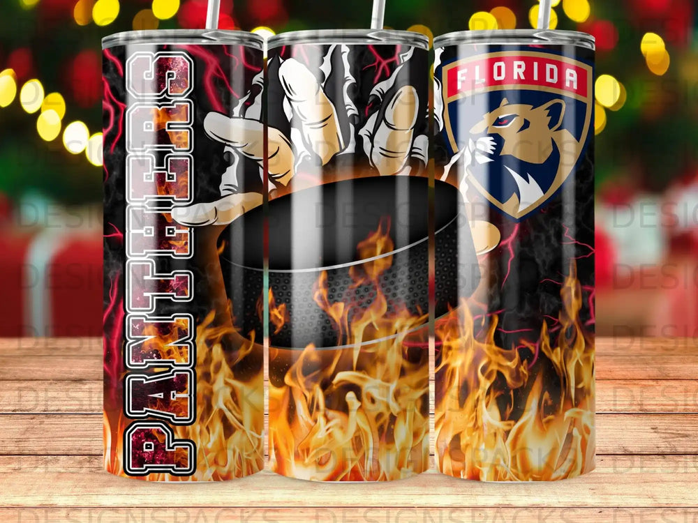 Florida Panthers hockey team tumbler with flames and team logo.