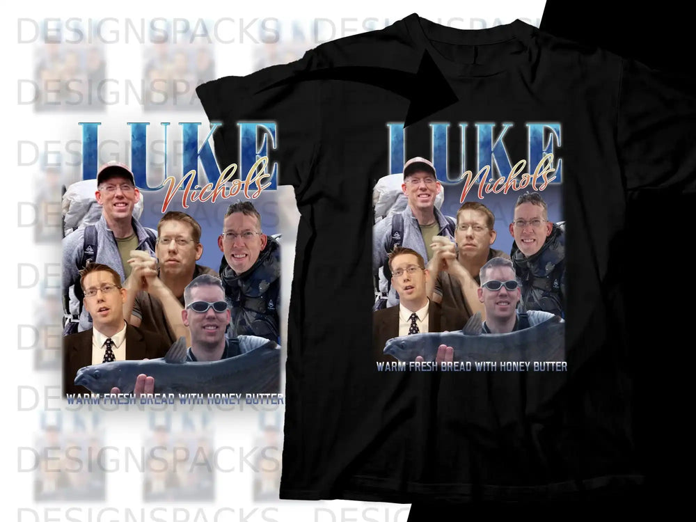 Luke Nichols t-shirt with a collage of four men and text.