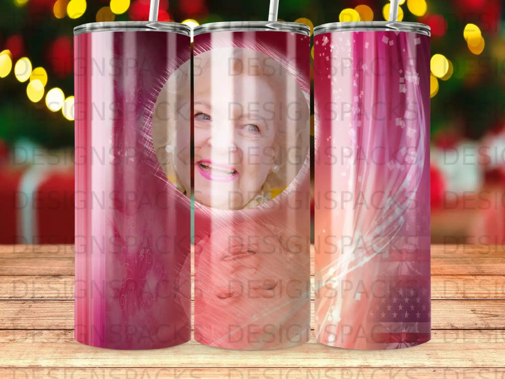 Tumbler with a repeating pattern of a woman's face and subtle snowflake graphics.
