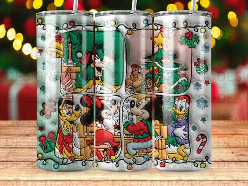 Mickey Mouse, Minnie Mouse, Donald Duck, Chip and Dale in festive scenes on a Christmas tumbler.