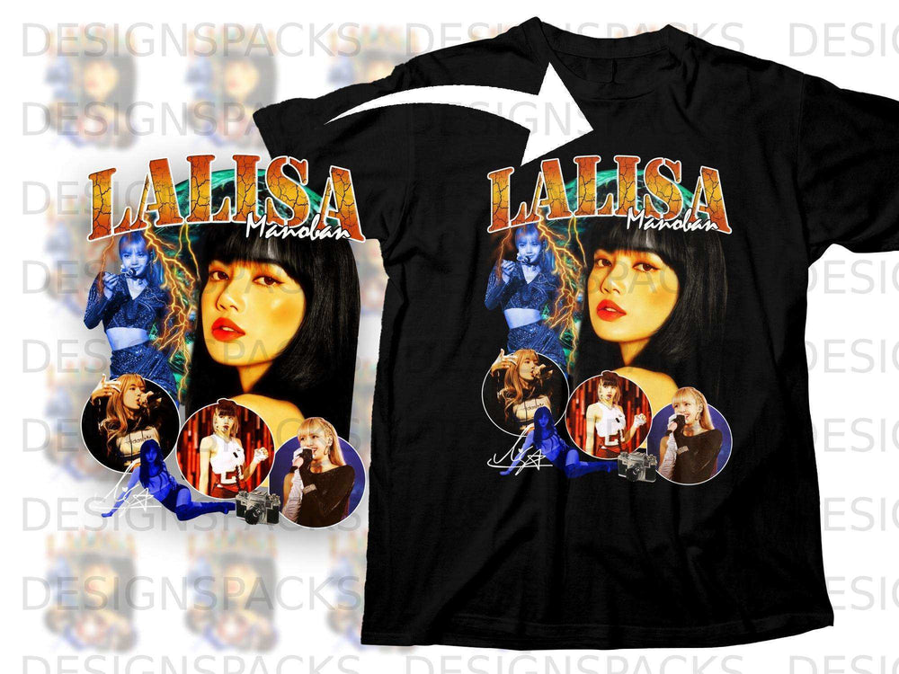 Black t-shirt with K-pop artist Lalisa Manoban graphic.
