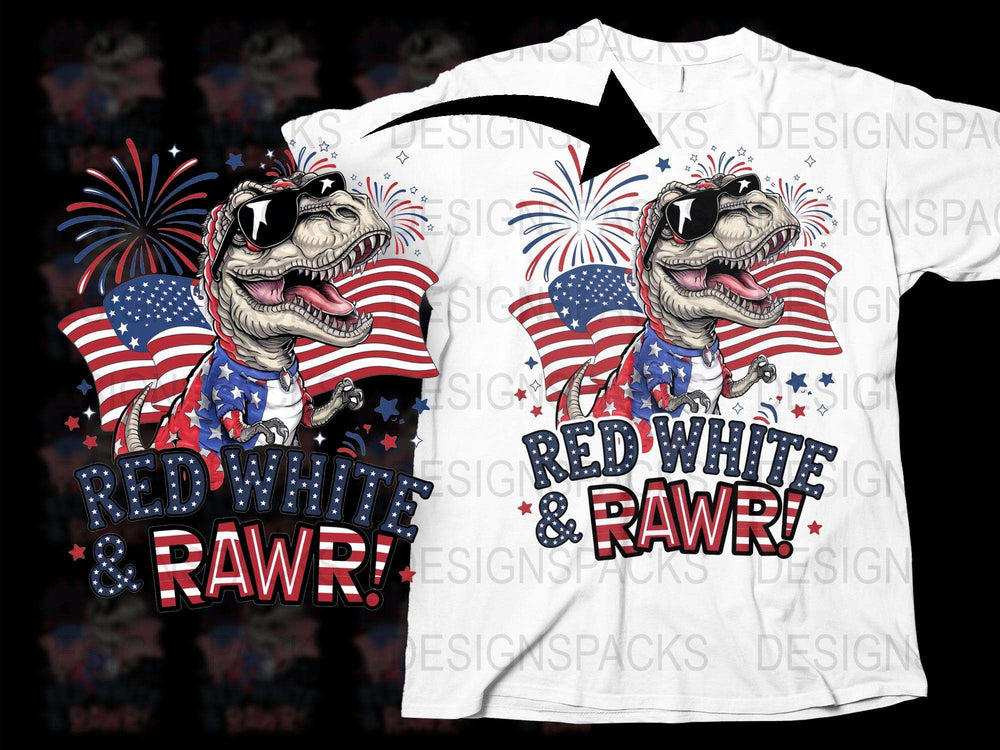 Patriotic Dinosaur T-Shirt, 4th of July Tee, American Flag, Fireworks Graphic, Unisex Kids' Clothing, Red White and Rawr Design