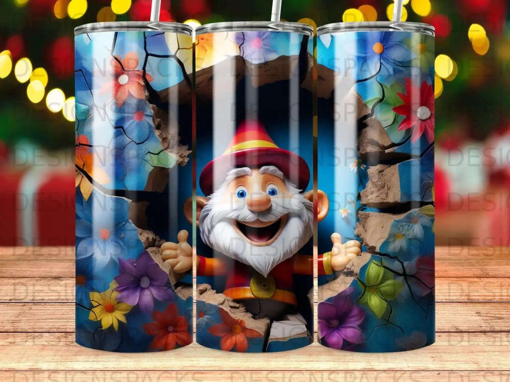 Gnome peeking through a cracked wall with colorful flowers.