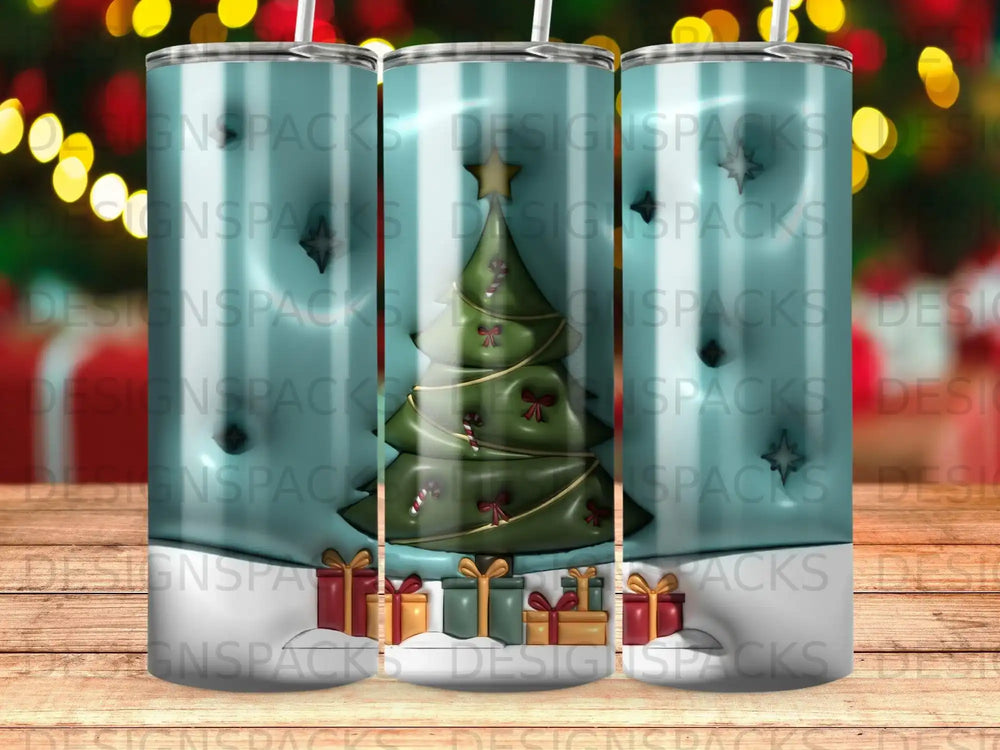 Festive Christmas tree with ornaments and wrapped gifts on blue background.