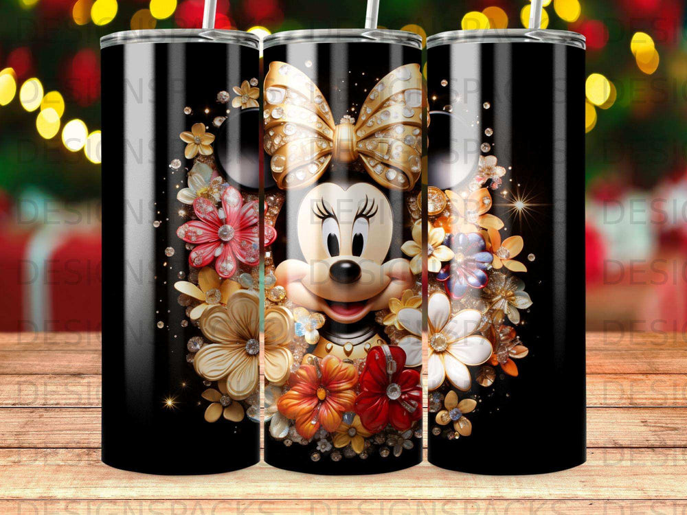 Minnie Mouse with floral accents and a large bow on a black background.