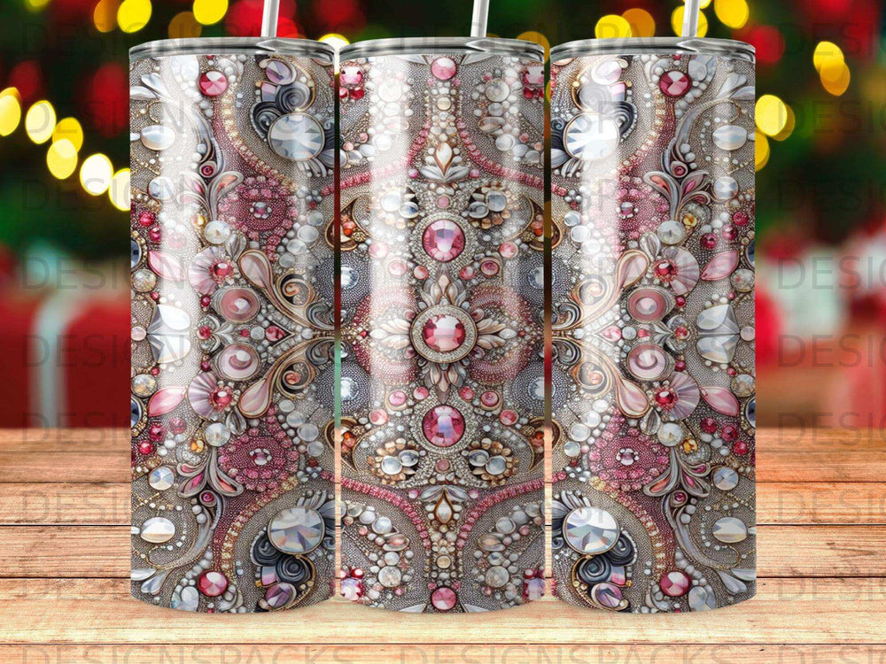 Ornate floral pattern with gemstones and pearls on a tumbler.
