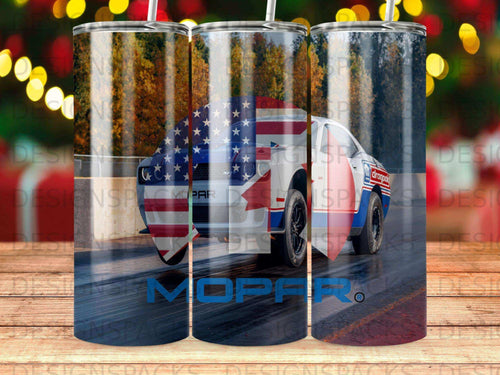 Dodge Challenger Hellcat with US flag wrap on racetrack.