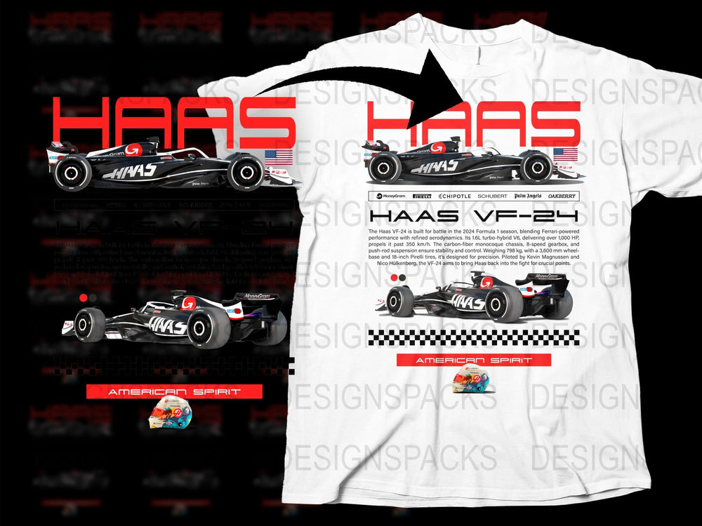 Haas VF-24 Formula One Racing Car T-Shirt, American Spirit Motorsports Apparel, High-Quality Graphic Tee, Racing Fan Gift