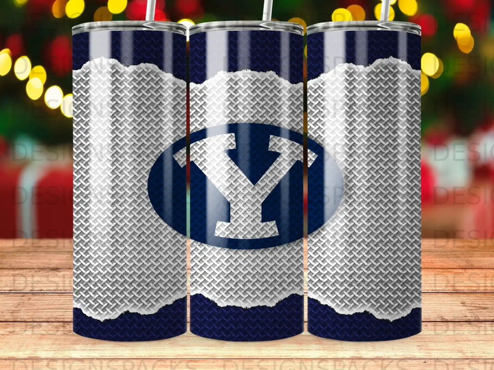 BYU logo on a textured blue and white tumbler.