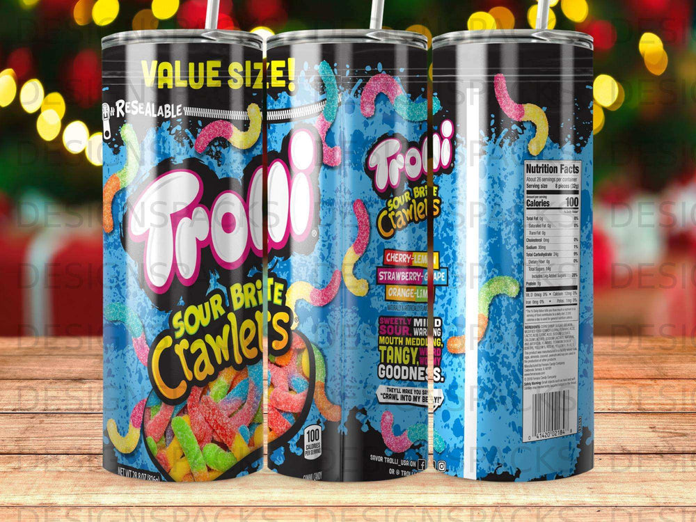 Trolli Sour Brite Crawlers candy tumbler with nutrition facts and branding.