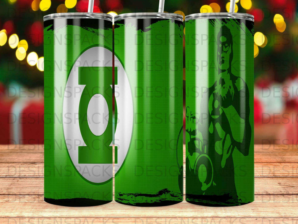 Green tumbler with Green Lantern logo, repeating design.