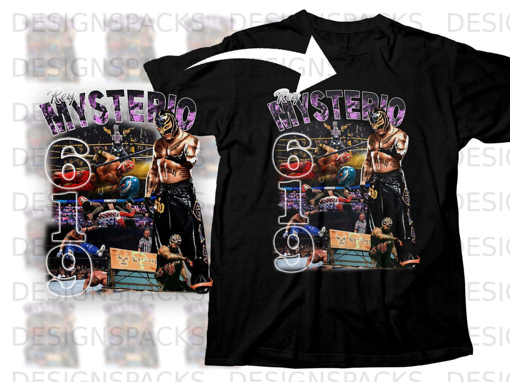 Black t-shirt featuring Rey Mysterio in wrestling gear with text "Rey Mysterio 619".