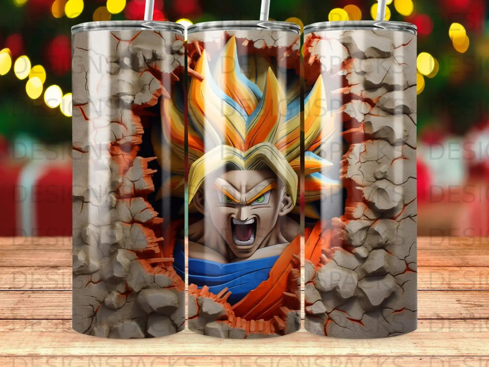 Goku breaking through a cracked concrete wall on a tumbler.