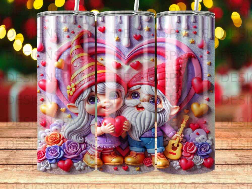 Two gnomes holding a heart, surrounded by flowers, hearts, and glitter.