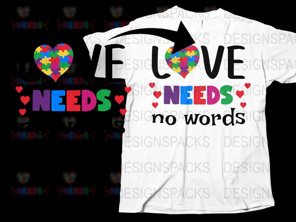 Colorful Heart Autism Awareness T-Shirt, Love Needs No Words Tee, Supportive Autism Acceptance Apparel