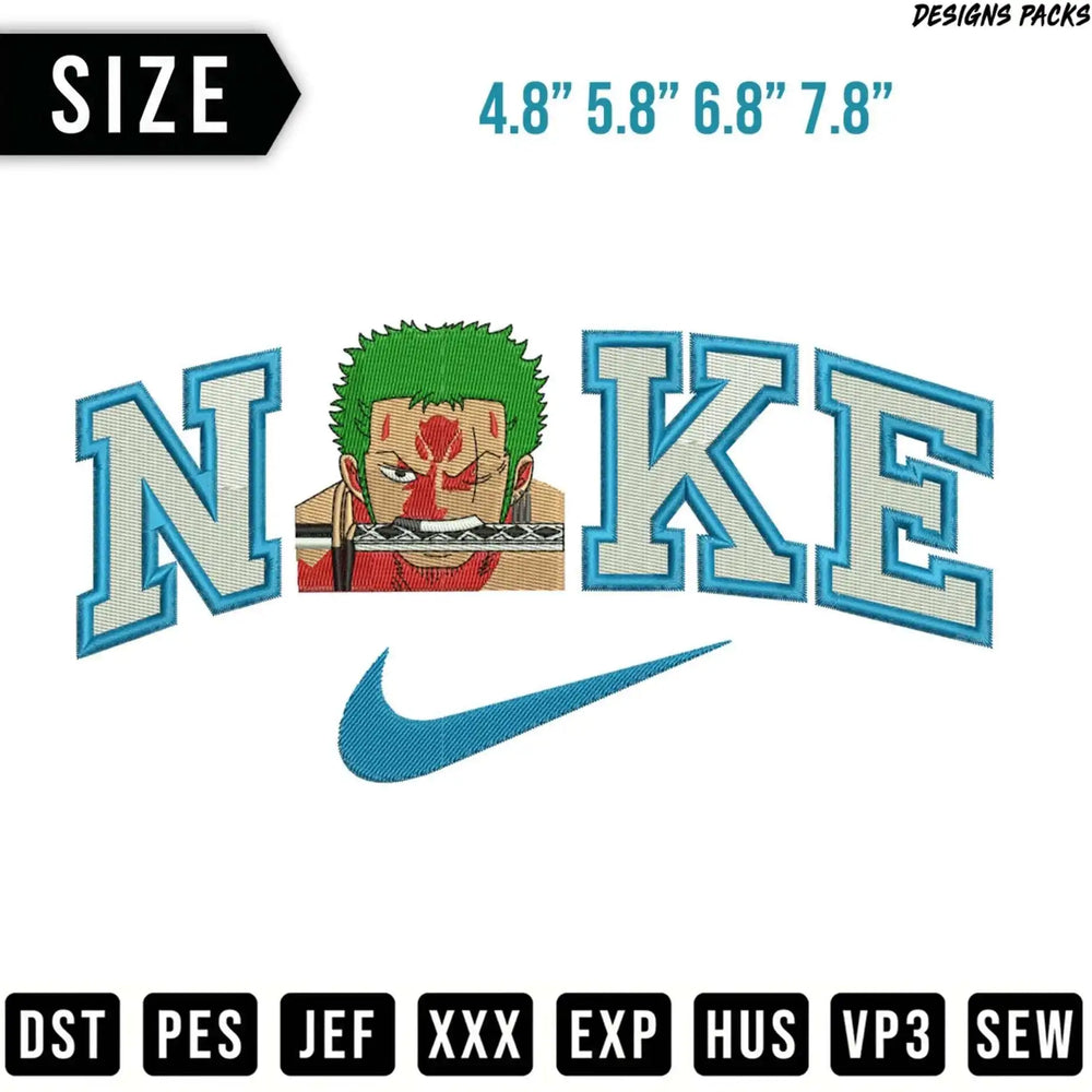 Embroidered Nike logo with Zoro from One Piece design and size options.