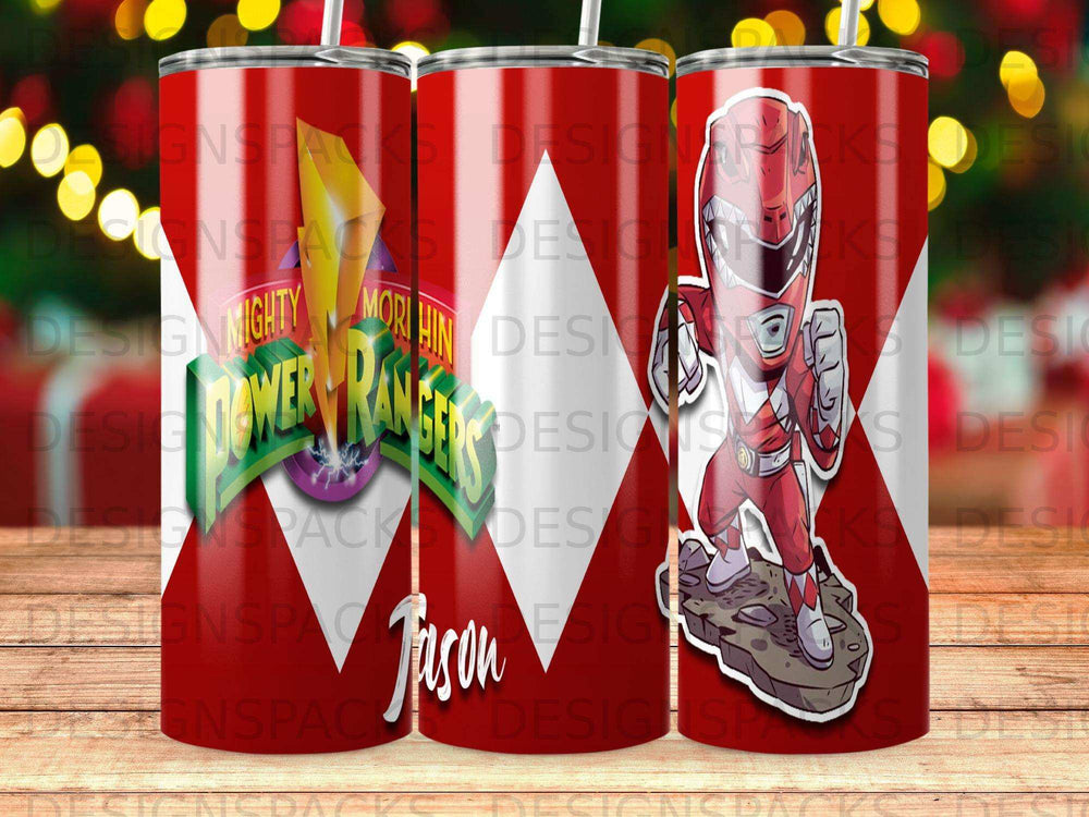 Red Power Ranger with "Jason" text on a red tumbler.