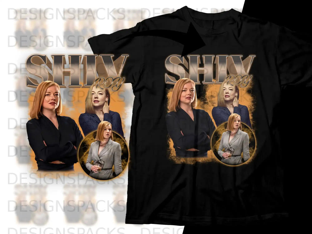 Sarah Snook as Shiv Roy from Succession on a black t-shirt.