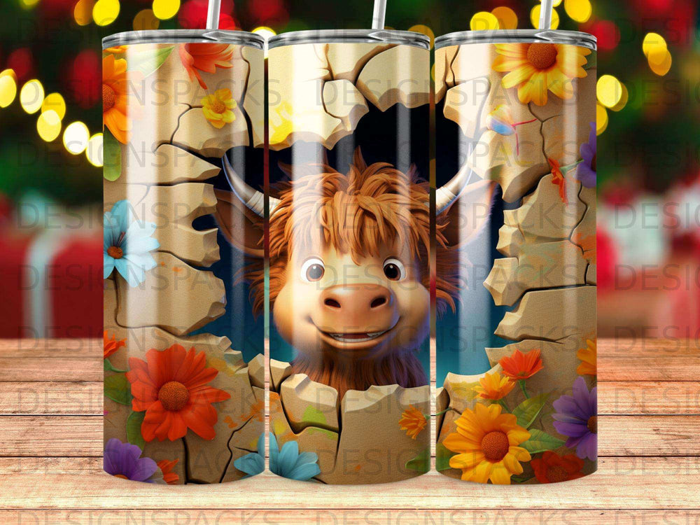 Highland cow peeking through a crack in wood with flowers.