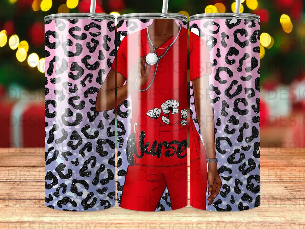 Nurse with stethoscope and leopard print pattern on tumbler.